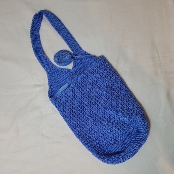 Crocheted Market Bag Mesh Tote Knit Blue Coquette Cottage Casual Traditional - Picture 1 of 14